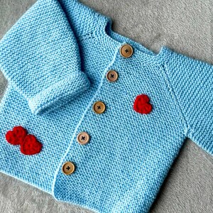 Hand Knitted Baby Cardigan with Red Hearts Blue Sweater for Baby Boys or Girls