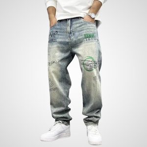 Men’s Baggy Graffiti Jeans – Y2K Streetwear Denim Pants | Hip Hop All-Over Print Jeans
