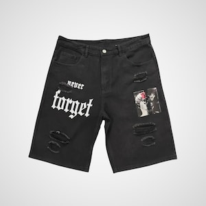 Men’s Denim Shorts – Graffiti Y2K Streetwear in Black and Blue | Knee-Length Summer Jean Shorts