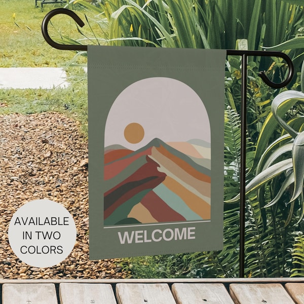 Abstract Mountain Welcome Garden Flag, Mid Century Modern House Banner, Earthy Decor