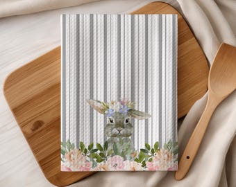 Floral Bunny with White Grey Stripes Microfiber Hand Towel, Watercolor Rabbit, Spring Kitchen Decor