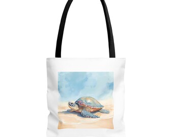 Sea Turtle Beach Illustration Tote Bag | Ocean Watercolor Canvas