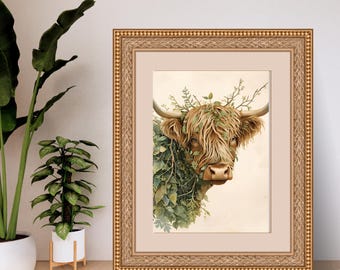 Stampa artistica digitale con mucca delle Highlands dai fiori verdi