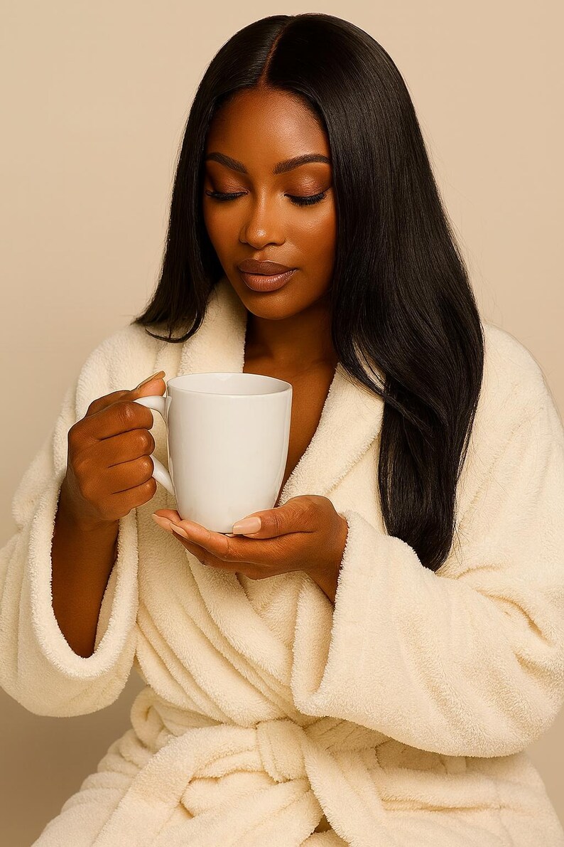 May include: A white ceramic mug held by a person wearing a cream-colored robe. The mug has a simple, cylindrical design. The robe is made of a soft, plush material. The person has long, dark hair and is looking down.