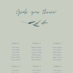 Prenez votre trône ! - Magnifique plan de table de mariage - MODIFIABLE pour vos invités #WeddingSeating #OliveGreen #Unique #OneOfAKind