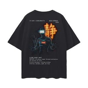 May include: Black t-shirt with a futuristic design. The graphic features a silhouetted figure with a glowing visor and hands, overlaid with Japanese characters and text. The shirt also has the text "B-005 CODEWRAITH BIOS ERROR-199X".