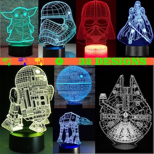 Könnte beinhalten: Eine Sammlung von 3D-LED-Nachtlichtern mit Star Wars-Charakteren. Die Lichter zeigen Designs von Baby Yoda, Darth Vader, einem Stormtrooper-Helm, R2-D2, dem Todesstern, einem AT-AT, einem Millennium Falken und einer Figur mit einem Lichtschwert. Das Bild enthält den Text "32 DESIGNS".