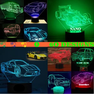 May include: A selection of LED night lights with car designs, such as a Lamborghini and a Formula 1 car. The lights are in different colours, with the text "60 DESIGNS" in the centre.