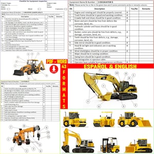 May include: An equipment inspection checklist featuring diagrams of heavy machinery, such as an excavator, backhoe loader, and crane. The checklist is in English and Spanish, detailing inspection criteria and equipment information.