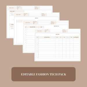 May include: A collection of fashion tech pack templates on a beige background. The templates include sections for brand logo, style details, and size specifications. The text "EDITABLE FASHION TECH PACK" is at the bottom.