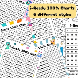 May include: A collection of colorful i-Ready 100% Club charts with six different styles. Each chart features a grid with numbers and space for stickers, with fun monster illustrations and text that reads "Earn a sticker for every lesson you pass with 100%!"