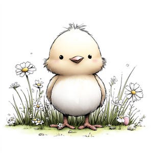 May include: A charming illustration of a fluffy yellow chick standing in a field of daisies and green grass. The chick has a white belly, pink cheeks, and a small beak. The artwork has a watercolor style and a whimsical feel.