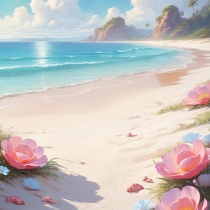 Könnte beinhalten: Eine ruhige Strandszene mit einem hellblauen Ozean unter einem strahlenden Himmel. Rosa Blüten und Muscheln säumen den sandigen Strand. Das Kunstwerk vermittelt ein Gefühl von Ruhe und natürlicher Schönheit.
