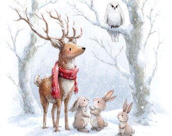 May include: Watercolor illustration of a winter scene with a deer wearing a red scarf, three rabbits, and an owl perched on a snowy tree branch. The animals are in a snowy forest setting.
