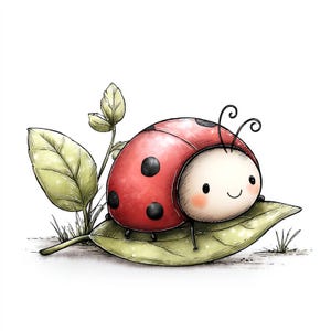 Pode incluir: Uma joaninha de desenho animado com uma carapaça vermelha e manchas pretas, repousando em uma folha verde. A joaninha tem um rosto sorridente e antenas delicadas. A ilustração está em um fundo branco.