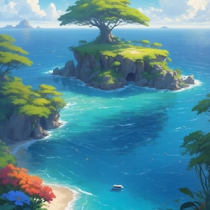 Könnte beinhalten: Ein lebendiges digitales Gemälde einer tropischen Insel. Ein großer Baum thront auf einer felsigen Insel, umgeben von türkisfarbenem Wasser. Üppiges grünes Laub und bunte Blumen säumen einen Sandstrand. Ein kleines Boot schwimmt auf dem Wasser.