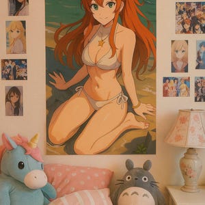 Anime Sommerstrandposter – Rothaariges Mädchen im Kawaii-Badeanzug