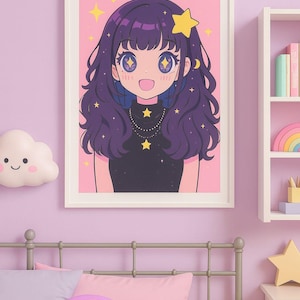 Kawaii Girl Wall Art Poster – Purple Hair Manga Style