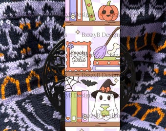 May include: A rectangular bookmark featuring a three-shelf design with colorful books, a pumpkin, a broom, a bone, a spiderweb, bats, and a ghost wearing a witch hat. The center frame displays the text Spooky Girlie in a decorative border.
