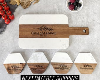 Personalized Marble Wood Cutting Board with Coaster, Engagement Gift, Wedding Gift, Custom Name Cutting Board, Bridal Shower Gift For Her