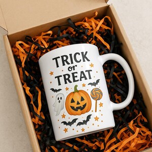 Halloween Trick or Treat Mug: Spooky Pumpkin, Ghost & Bat Design