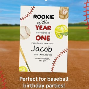 Invito per il primo compleanno a tema baseball • Invito per la festa del principiante dell'anno • Biglietto di auguri per il compleanno di un bambino modificabile • Biglietto di auguri stampabile per il primo compleanno a tema sportivo