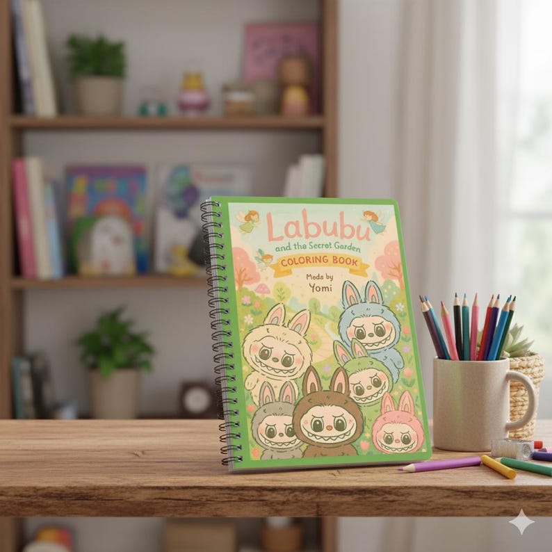 May include: A spiral-bound coloring book titled "Labubu and the Secret Garden" with illustrations of cartoon characters. The cover is green with colorful images and text. A mug filled with colored pencils sits to the right on a wooden table.