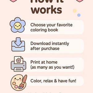 May include: A light peach-colored graphic with the text "How it works" and instructions for a coloring book. The steps include choosing a book, downloading, printing, and coloring. Cute heart and flower illustrations are included.