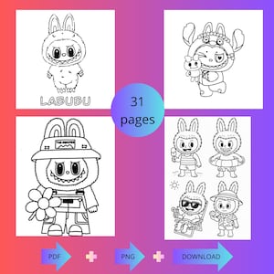 May include: A collection of black and white illustrations of a cartoon character with bunny ears. The character is depicted in various outfits and poses, with the word "LABUBU" and the text "31 pages" visible.