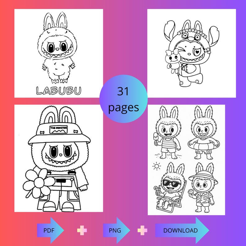 May include: A collection of black and white illustrations of a cartoon character with bunny ears. The character is depicted in various outfits and poses, with the word "LABUBU" and the text "31 pages" visible.