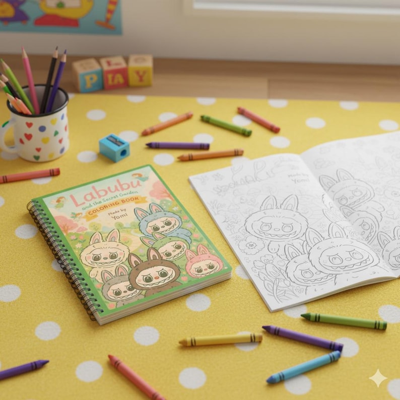 May include: A spiral-bound coloring book titled "Labubu and the Secret Garden" with cartoon bunny illustrations, open to a coloring page. Colored pencils, crayons, and a pencil sharpener are scattered on a yellow polka dot surface.
