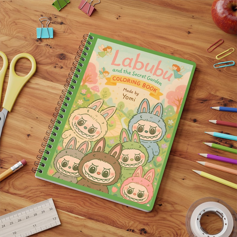 May include: A spiral-bound coloring book titled "Labubu and the Secret Garden" with a green cover featuring cartoon bunny characters. The book is surrounded by colored pencils, a ruler, and other stationery items on a wooden surface.