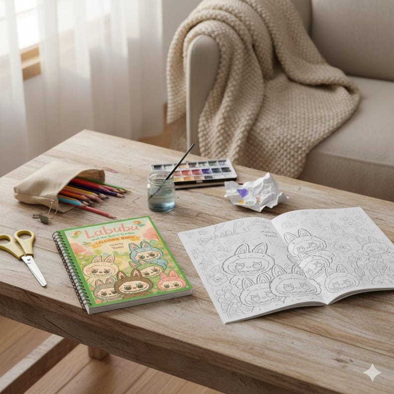 May include: A wooden table displays a coloring book, open to a page of line art, next to a closed book with a cover featuring cartoon characters. A pencil case, colored pencils, scissors, and watercolor paints are also on the table.