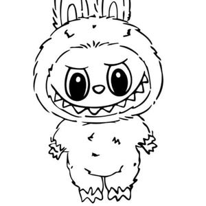 May include: Black and white illustration of a Labubu character. The character has large eyes, a toothy grin, and rabbit-like ears. The word "LABUBU" is written in capital letters at the bottom.