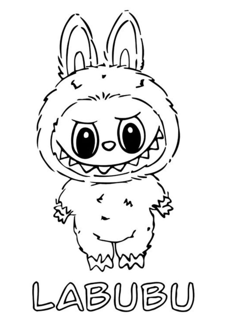 May include: Black and white illustration of a Labubu character. The character has large eyes, a toothy grin, and rabbit-like ears. The word "LABUBU" is written in capital letters at the bottom.