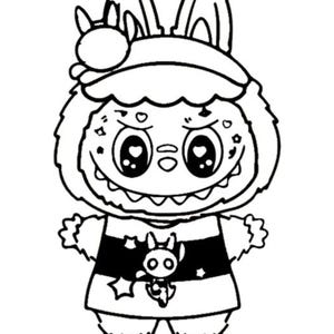 May include: A black and white cartoon illustration of a creature with bunny ears and a hat. The creature has large eyes, a wide smile, and a black and white striped shirt. The image is a line drawing.