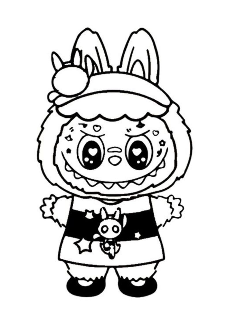 May include: A black and white cartoon illustration of a creature with bunny ears and a hat. The creature has large eyes, a wide smile, and a black and white striped shirt. The image is a line drawing.