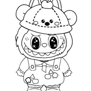 May include: Black and white line art illustration of a cartoon character wearing a hat with ears and an apple on top. The character has large eyes, a toothy grin, and overalls with geometric shapes.
