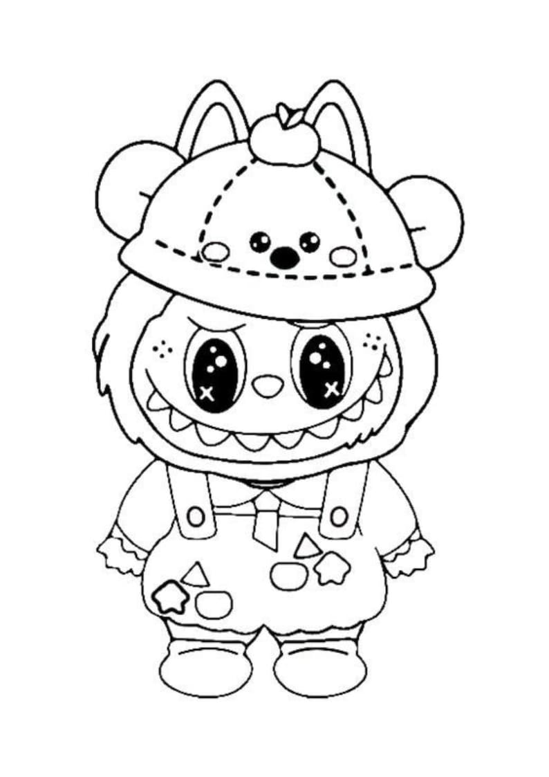 May include: Black and white line art illustration of a cartoon character wearing a hat with ears and an apple on top. The character has large eyes, a toothy grin, and overalls with geometric shapes.