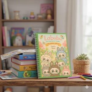 May include: A spiral-bound "Labubu and the Secret Garden Coloring Book" with a green cover featuring cartoon bunny characters. The book is on a wooden surface with other books and colored pencils. A small succulent plant in a woven pot is also visible.