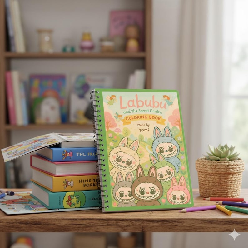 May include: A spiral-bound "Labubu and the Secret Garden Coloring Book" with a green cover featuring cartoon bunny characters. The book is on a wooden surface with other books and colored pencils. A small succulent plant in a woven pot is also visible.