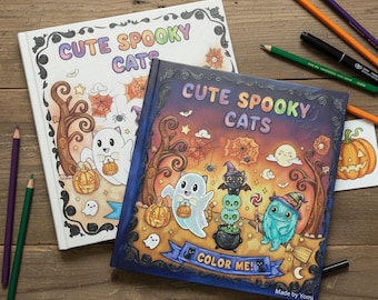 Spooky Cats Halloween Coloring Book: 2 Printable Books for Kids, Adults (Digital Download)