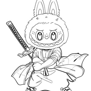 May include: Black and white illustration of a rabbit character dressed as a samurai, holding a katana. The rabbit wears a hooded outfit and has crossed arms, with a determined expression. The image is a line drawing.