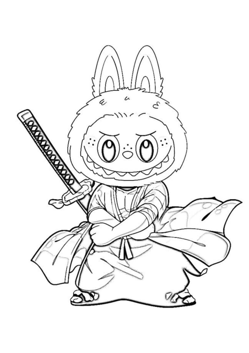 May include: Black and white illustration of a rabbit character dressed as a samurai, holding a katana. The rabbit wears a hooded outfit and has crossed arms, with a determined expression. The image is a line drawing.