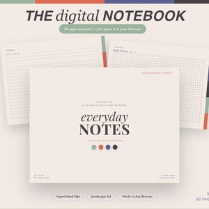 May include: A landscape digital notebook titled "everyday NOTES" with 20 styles and 20 pages each. The interface features hyperlinked tabs, a lined page, and a bullet journal page. Text includes "THE digital NOTEBOOK" and "No app required".