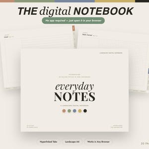 May include: A digital notebook titled THE digital NOTEBOOK and everyday NOTES, featuring a landscape A4 layout. The interface includes hyperlinked tabs, 20 ruling styles, and 20 pages each. Text states: No app required — just open it in your browser.