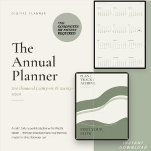 Könnte beinhalten: Ein digitaler Planer für 2026 und 2027 in einer cremefarbenen und salbeigrünen Farbpalette. Die Anzeige zeigt einen Jahreskalender und eine Titelseite mit dem Text Plan / Track / Achieve und Find Your Flow. Ein Hinweis besagt, dass keine Goodnotes oder Notion erforderlich sind.