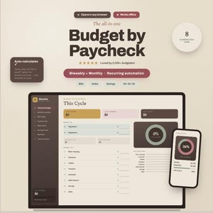 Puede incluir: Un planificador de presupuesto digital titulado Budget by Paycheck en una pantalla de computadora y un teléfono inteligente. La interfaz incluye secciones para facturas, deudas, ahorros y la regla 50/30/20, con gráficos de cálculo automático.