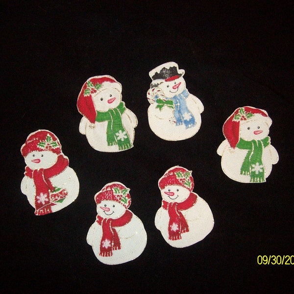 New 6 Glittery Snowmen Iron Ons Fabric Appliques