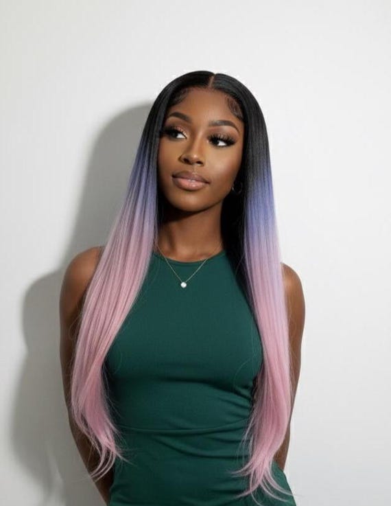 24 Inch Ombre Lace Front Wig: Black, Purple, Pink Heat  display picture 3